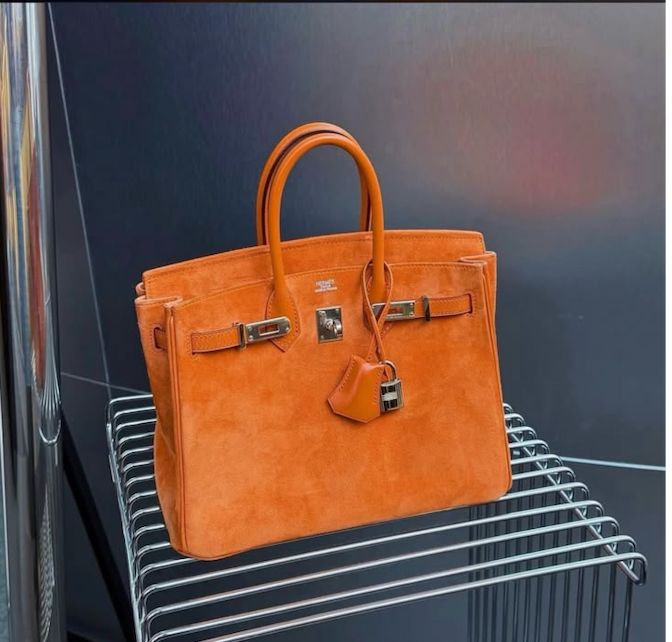 Hermes Birkin 25 Orange Doblis Suede & Box leather Palladium hardware