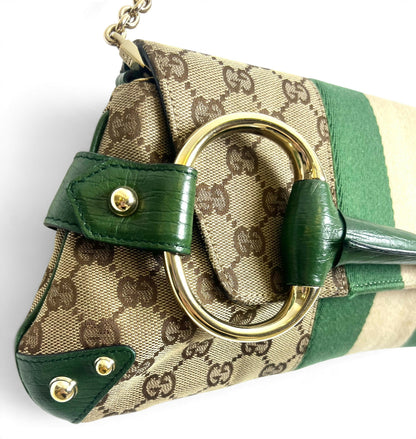 Gucci Large 1955 Tom Ford Classic Green Ivory GG Monogram Horsebit Clutch Handbag Gold hardware