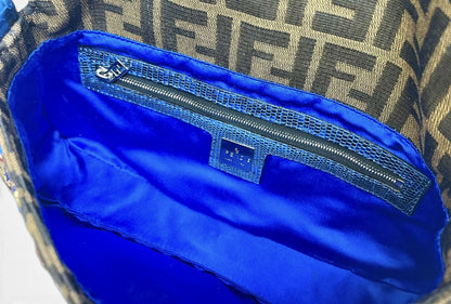 Fendi Vintage Blue Lizard Trimmed Embroidered Beaded Classic Zucca Baguette Bag