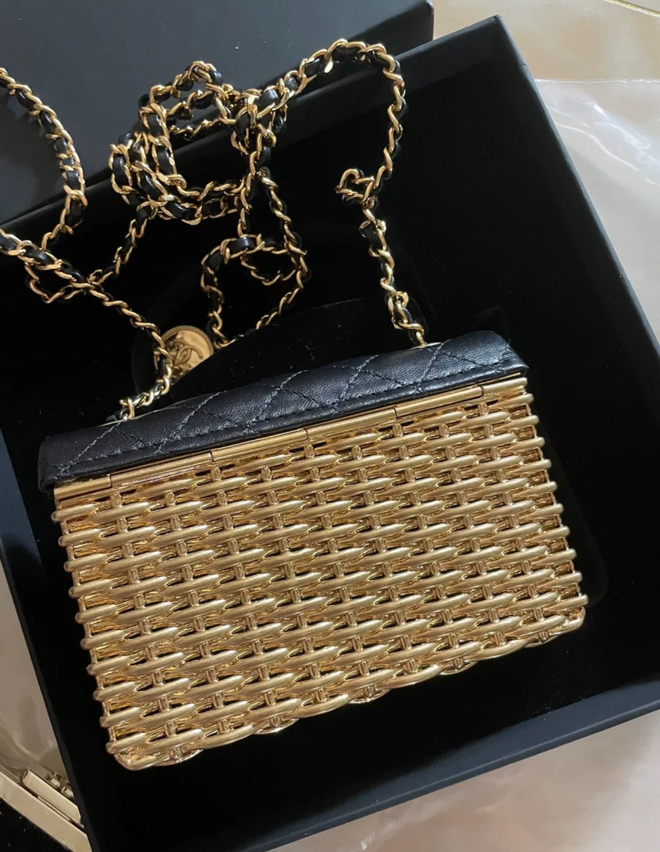Chanel 23C Gold/Black mini Flap evening bag – Wararni.com
