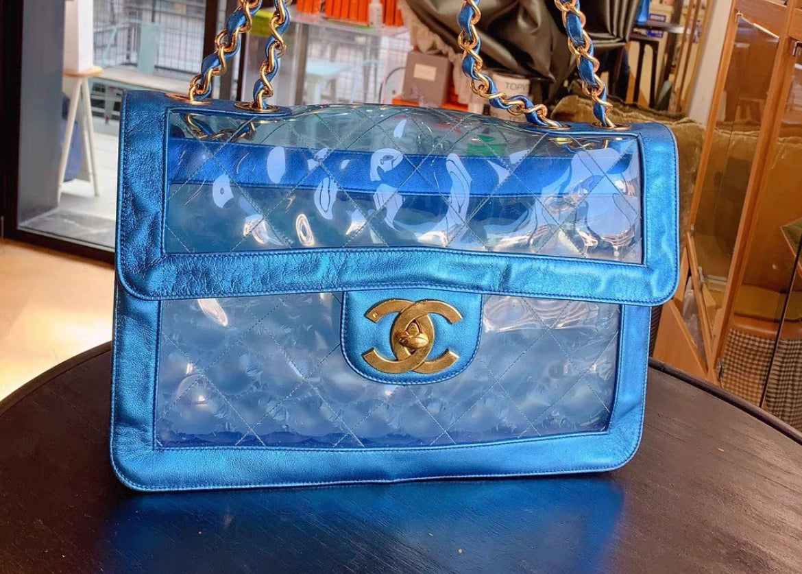 CHANEL 95P VINTAGE "BARBIE" MAXI FLAP METALLIC BLUE BAG 24K GHW CLASSIC PCI