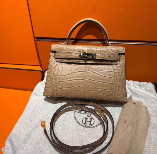 Hermes mini Kelly OM Chai Matte crocodile leather gold hardware