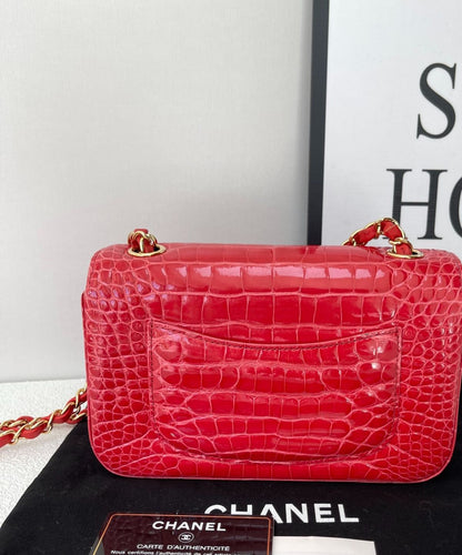 CHANEL Red Shiny Alligator Classic Mini Flap Bag with Gold Hardware