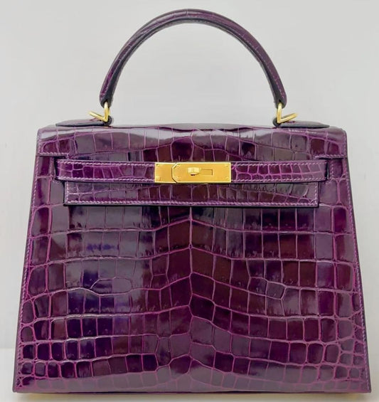 Hermes kelly 28 Aubergine Shiny Niloticus Gold hardware