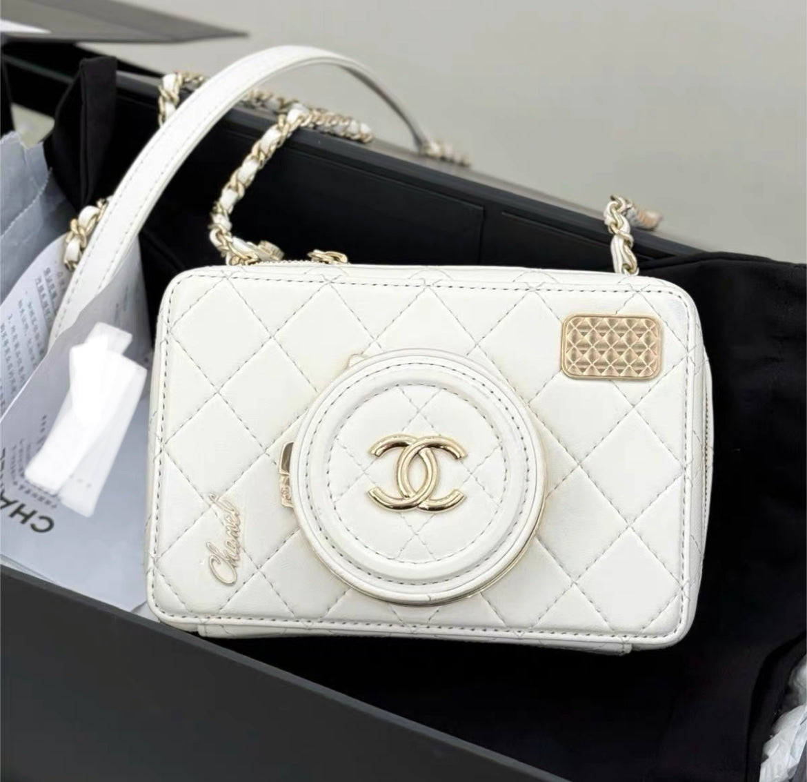 24S Chanel Collectible Runway Camera White Mirror Crossbody Bag