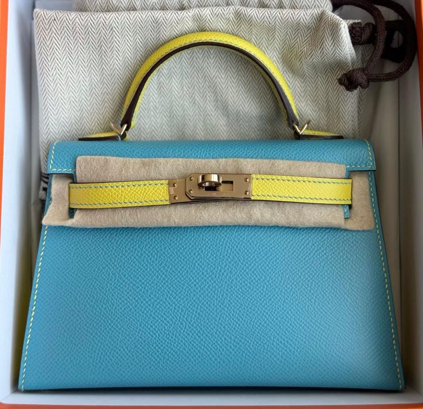 Hermes Mini Kelly 20 Bleu Jean / Jaune Lime Epsom Permabrass hardware