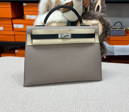 Hermès Kelly 40 black/Etain Epsom leather brushed palladium hardware