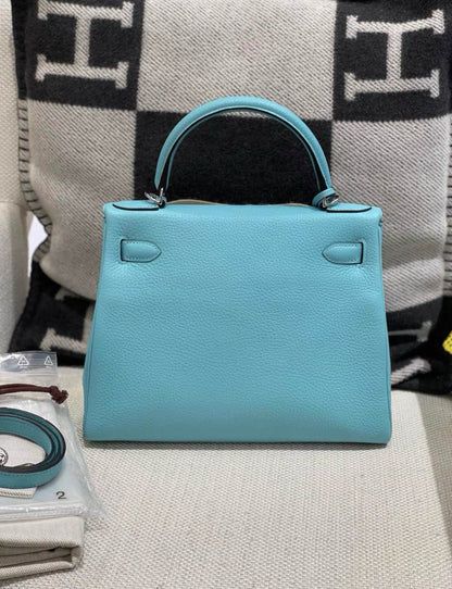 Hermes Kelly 28 Blue Atoll Palladium Hardware