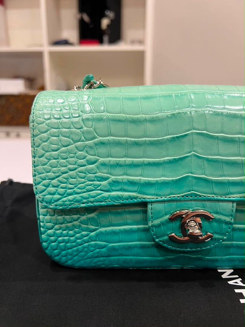 Mini Chanel green iridescent flap bag