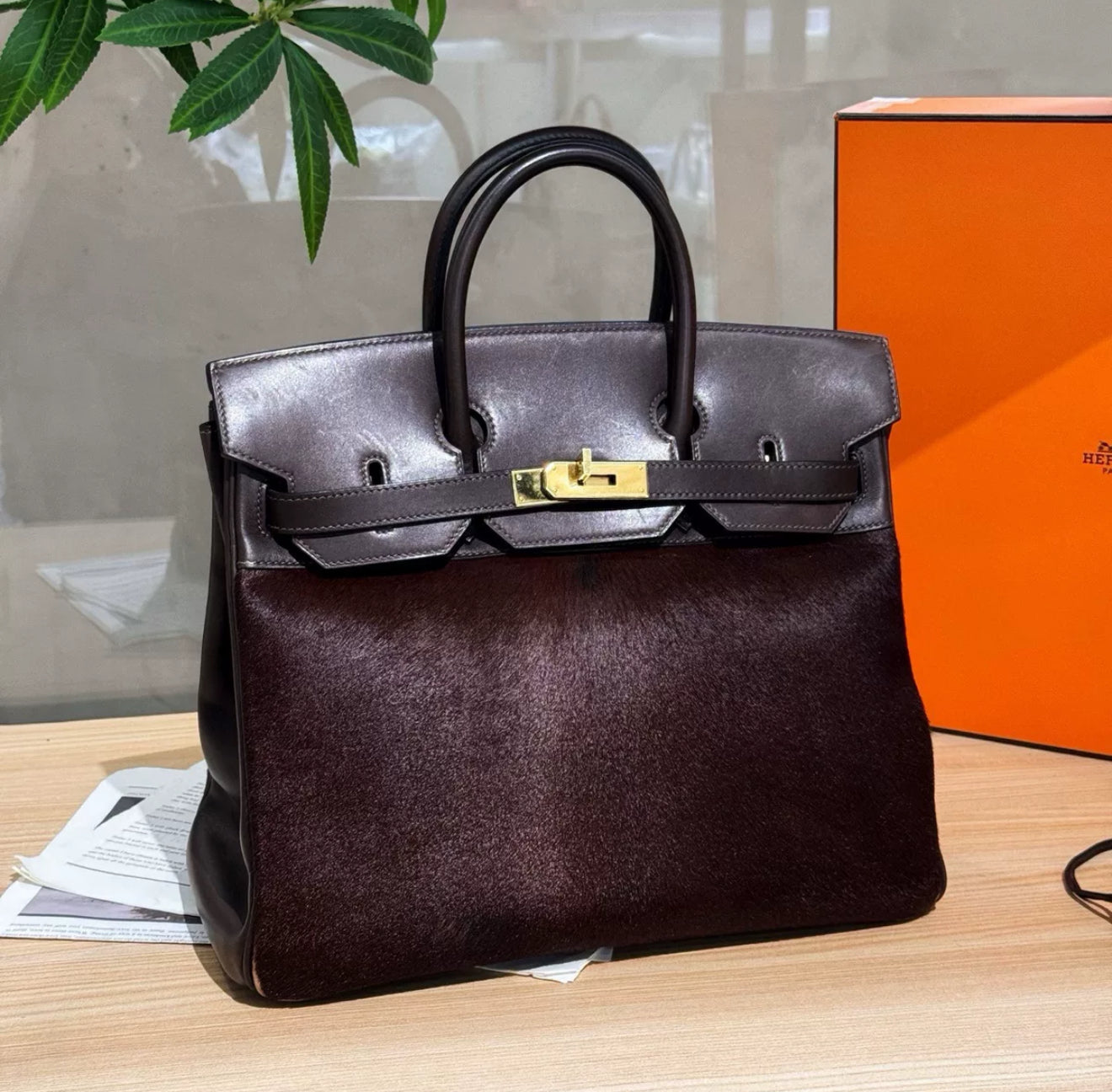 Super Rare Limited edition Hermes Birkin 32 Brown cowhide leather and horsehair leather gold hardware