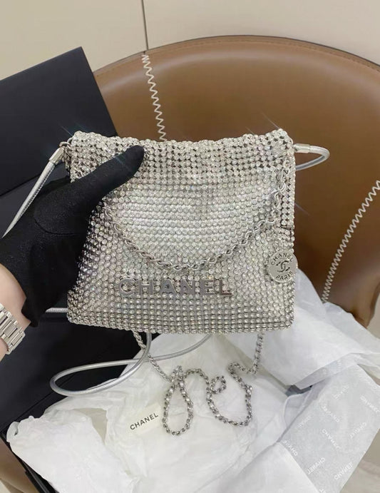 Chanel 24S 22bag mini silver metallic full rhinestones