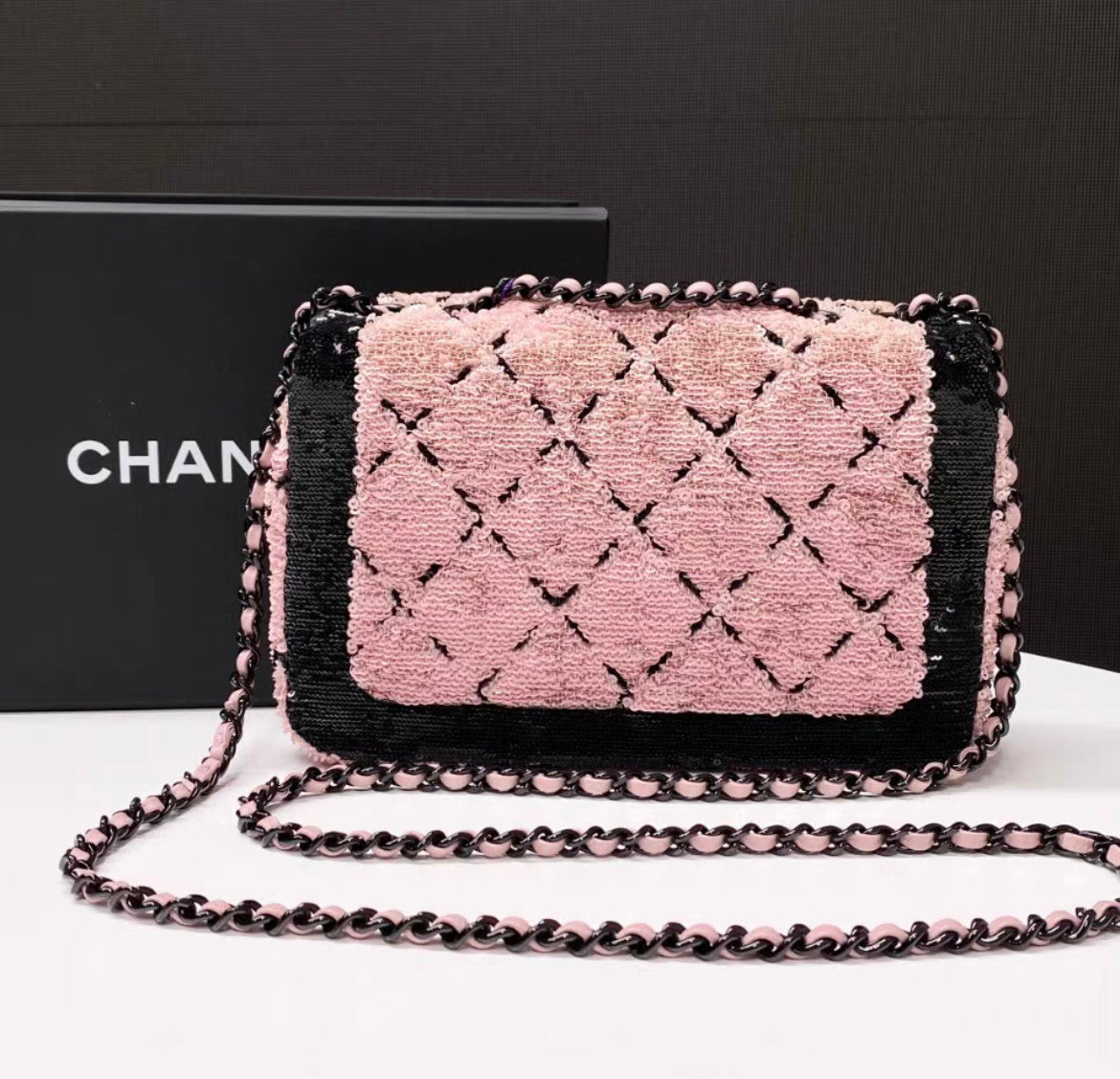 Chanel 24P Small Flap Bag Sequins & Black Metal, Pink & Black