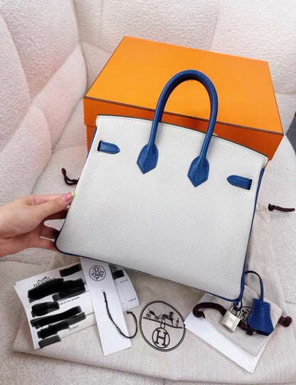 HERMES Birkin 25 Chevre Mysore Bi-Color Horseshoe Gris Perle Bleu Brighton Palladium Hardware