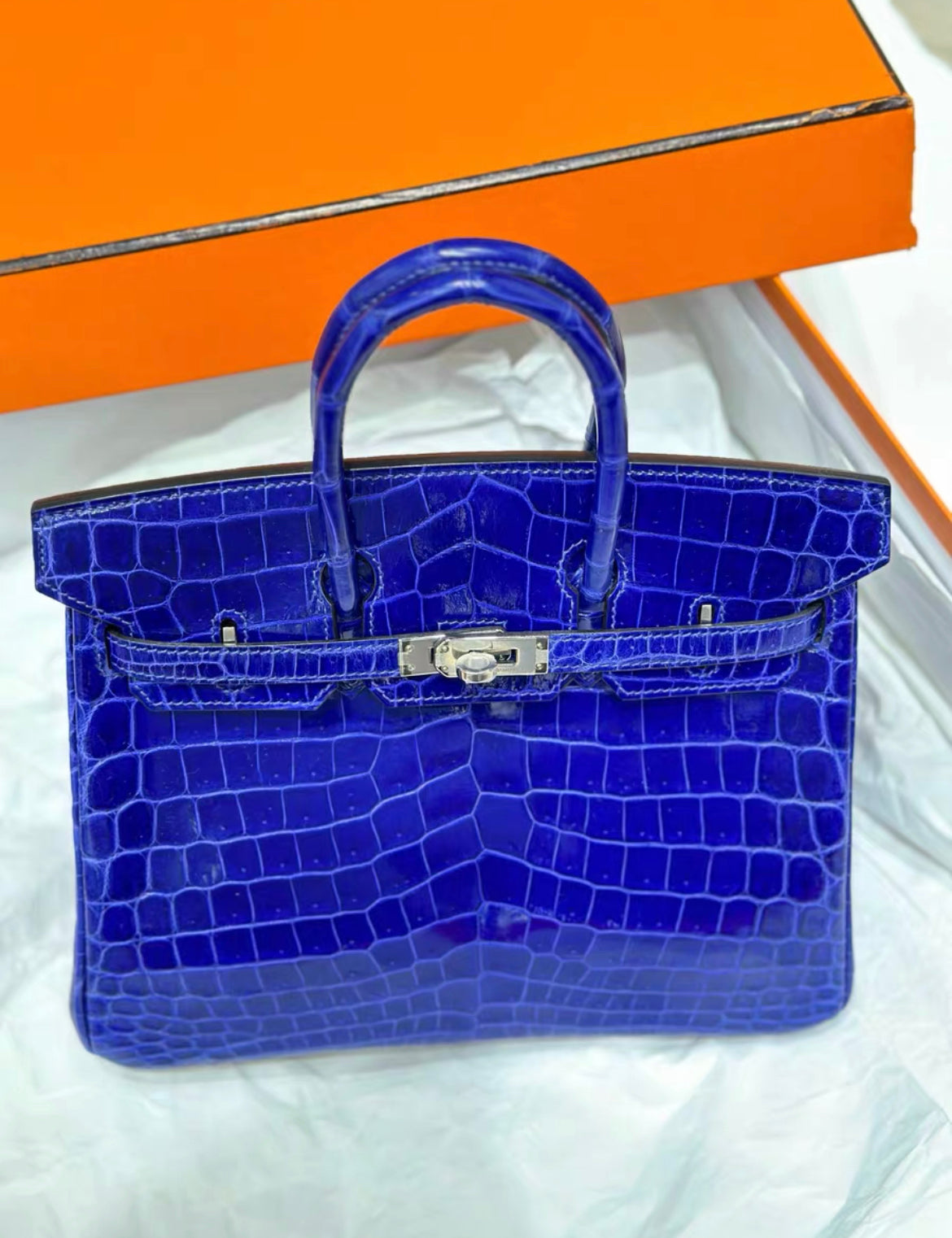 Hermès Birkin 25 Bleu Electric Shiny Niloticus Crocodile Palladium Hardware