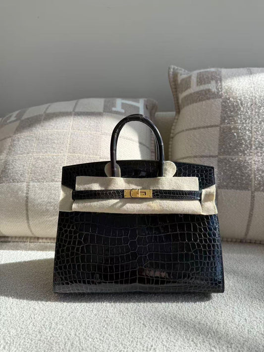 Hermes Birkin 25 Sellier Graphite Shiny Porosus Gold hardware