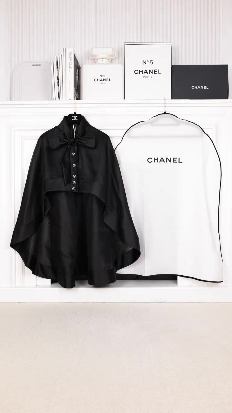 Chanel 25K runway black silk cape with bow