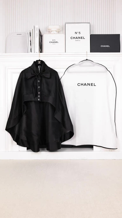 Chanel 25K runway black silk cape with bow