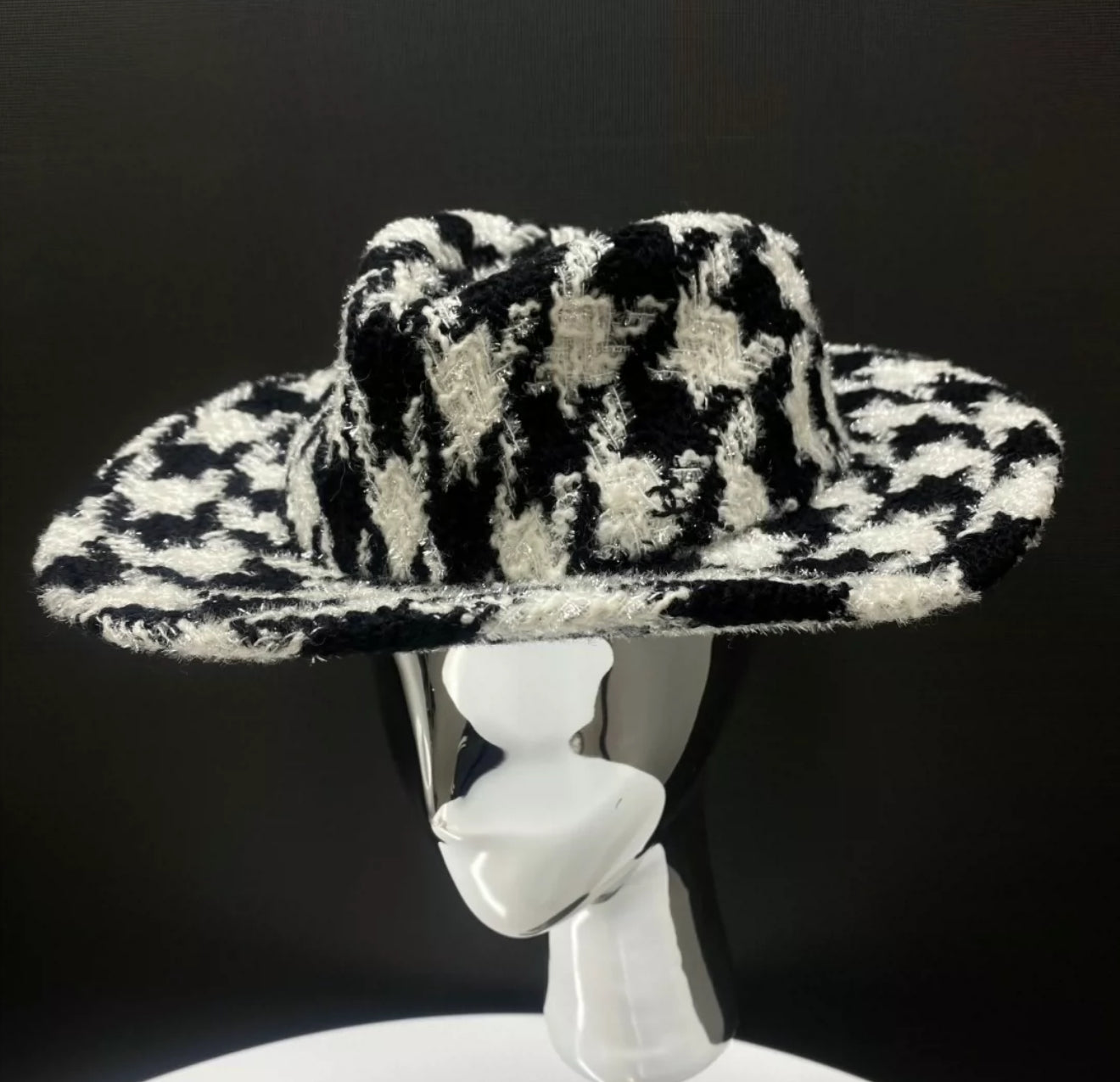 Chanel 19k Black 
Ecru Wool Tweed Fedora Hat