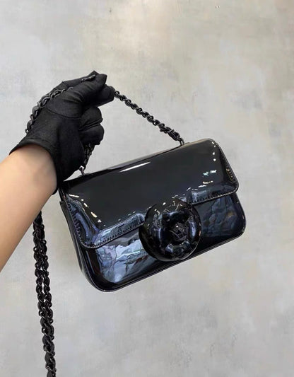 chanel 23k black patent leather camellia large mini shoulder bag