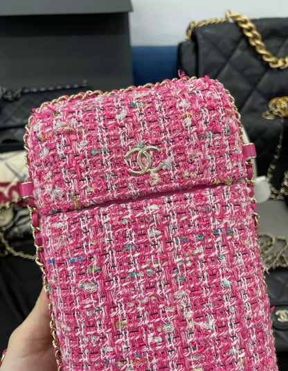 Chanel 2019 Pink Tweed Chain Around Phone Holder Crossbody Bag