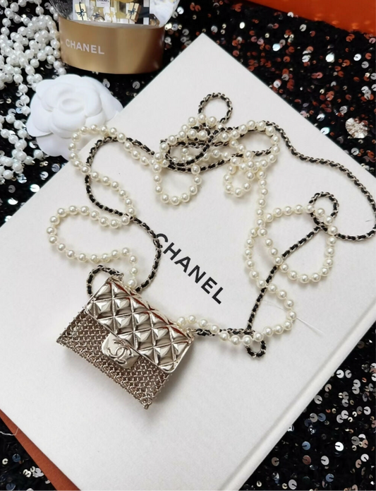 Chanel 21SS Silver Metal, Black Leather, and Imitation Pearl Classic Flap Micro Bag Necklace