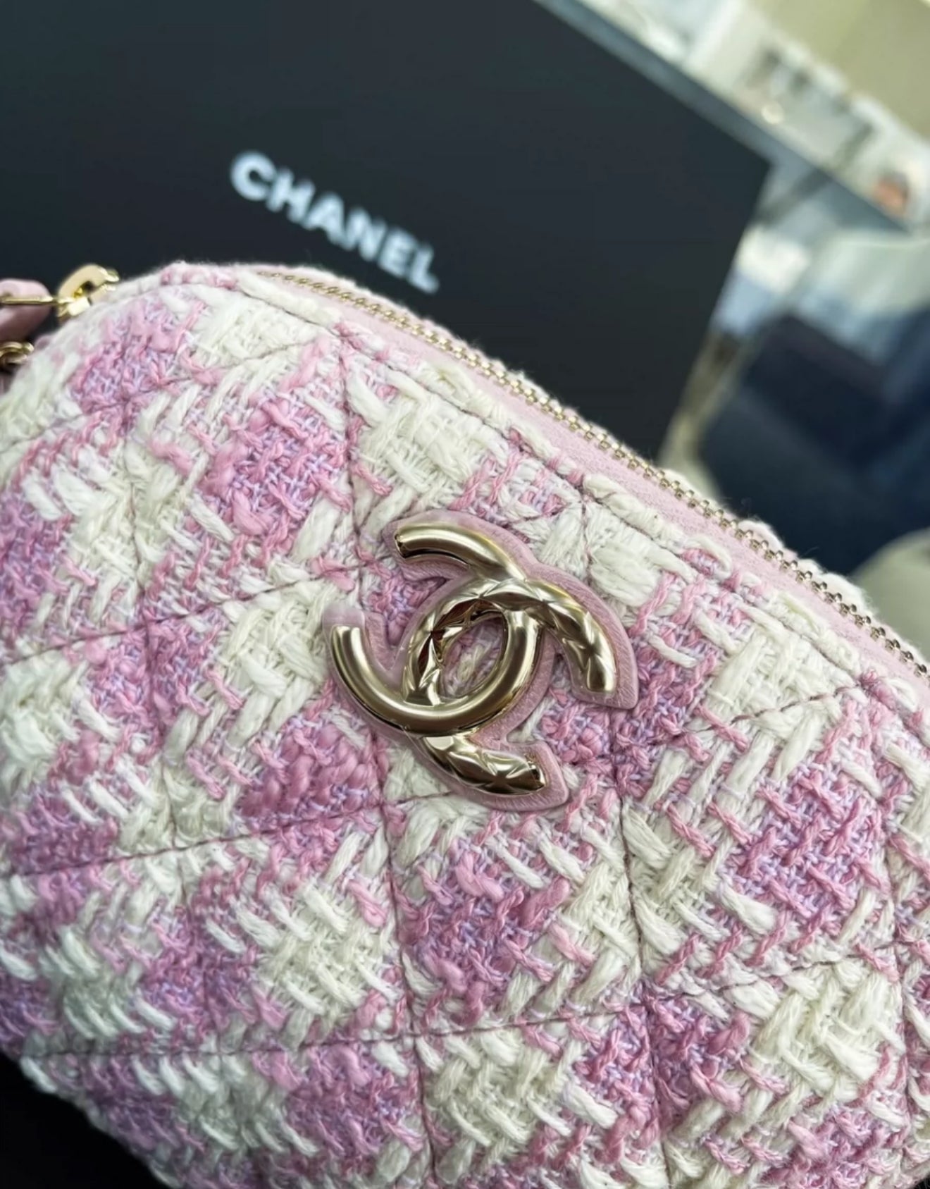 Chanel 24k pink tweed shell chain bag
