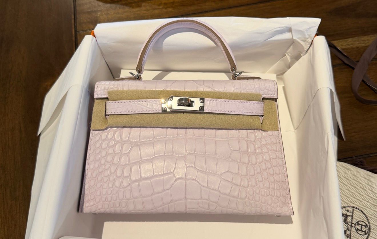 Hermes Mini Kelly 20 Mauve Pale Matte Alligator Palladium hardware