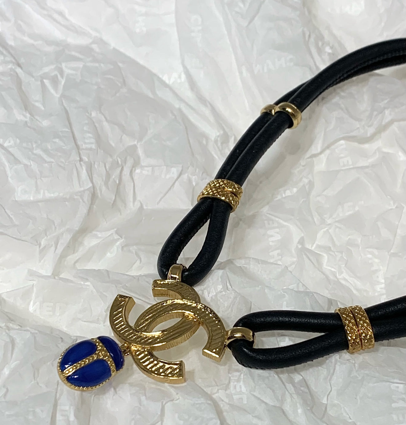 Chanel 19A Blue Beetle Double C Pendant Necklace