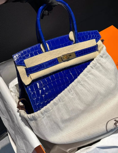Hermes Birkin30 Electric Blue Shiny Crocodile Leather Gold Hardware