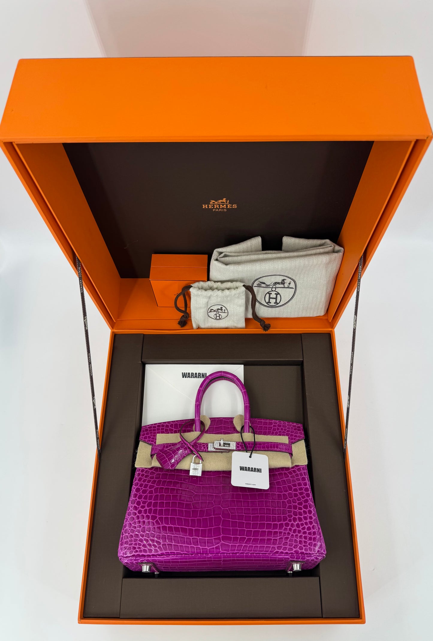 Hermes Birkin 25 rose scheherazade Crocodile Porosus white gold diamond hardware