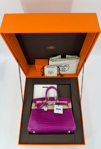 Hermes Birkin 25 rose scheherazade Crocodile Porosus white gold diamond hardware