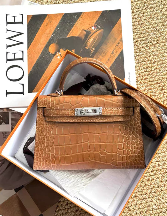 HERMÈS Mini Kelly Gold Alligator Leather Palladium Hardware