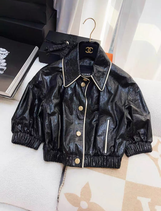 Chanel 22SS black gold two-pocket leather jacket