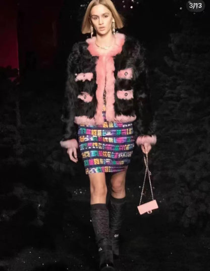 Chanel 21K black & pink shearling fur jacket