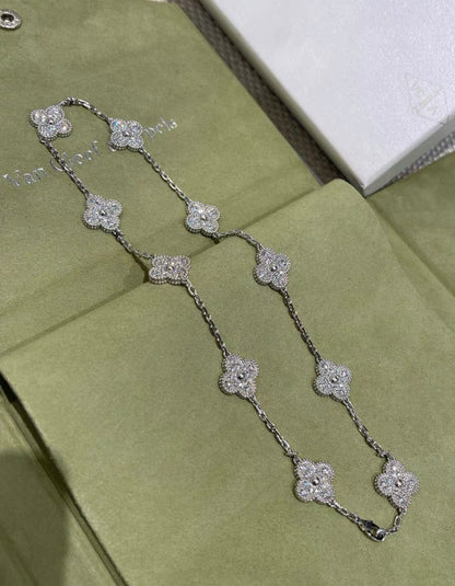 Van Cleef & Arpels 10 Motifs Vintage Diamond Alhambra 18k White Gold Necklace