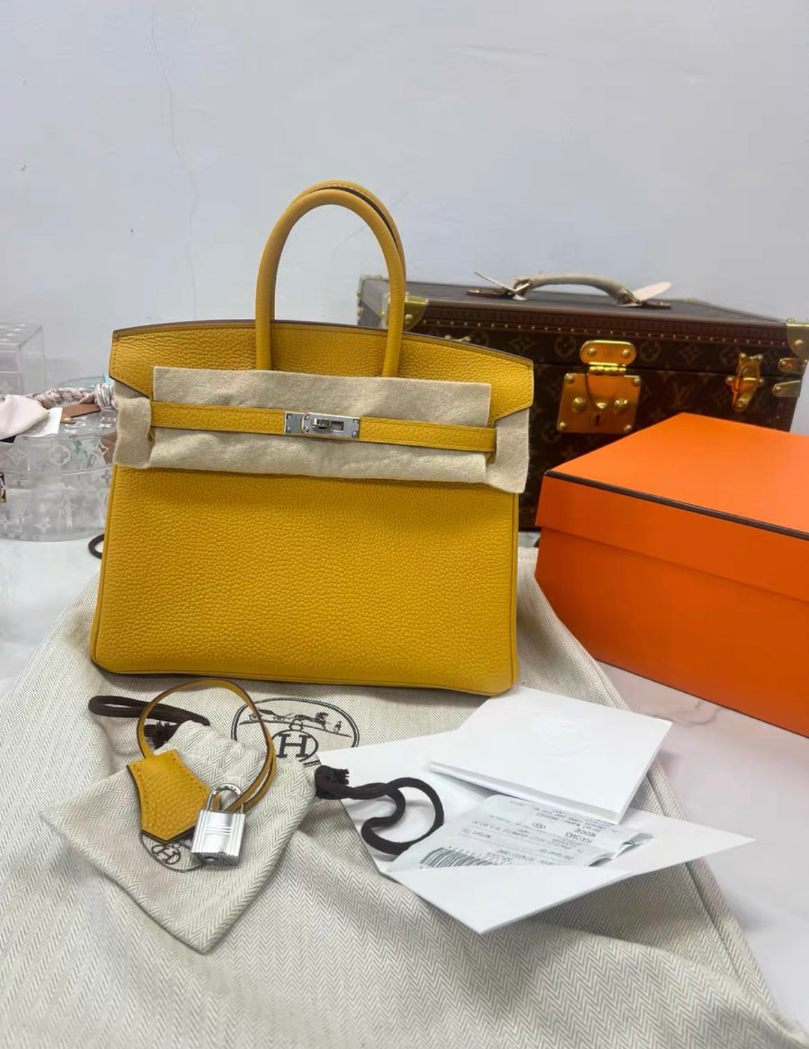 Hermes Birkin 25 Jaune Ambre Togo leather Palladium hardware B Stamp