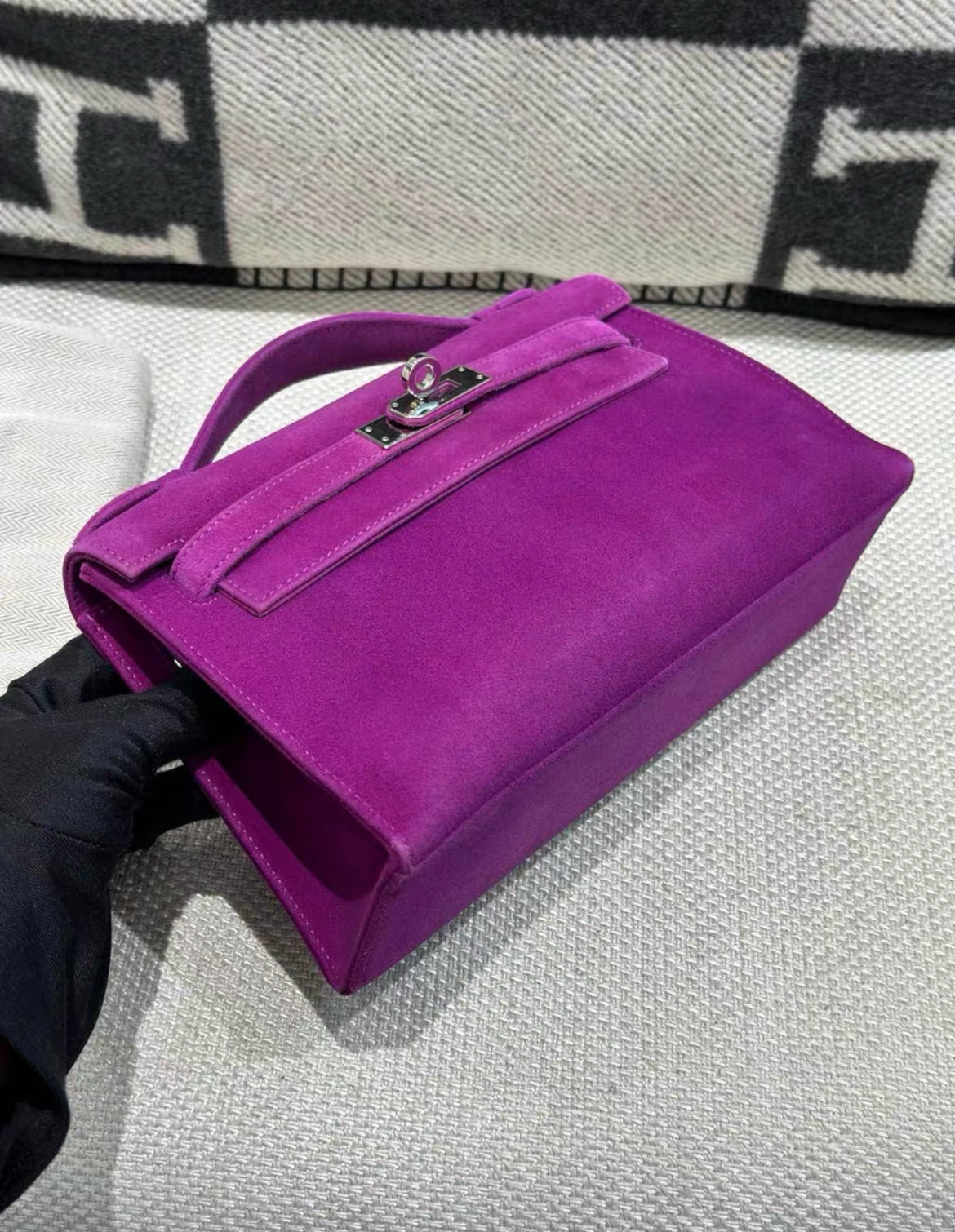 HERMÈS KELLY POCHETTE VIOLET VEAU DOBLIS SUEDE PALLADIUM HARDWARE