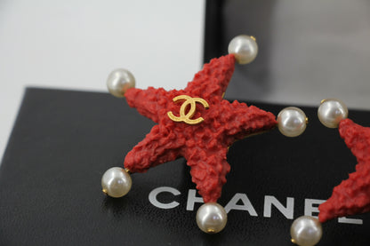 Chanel 93C Red Lava Imitation Pearls Gold Plated CC Starfish Earrings