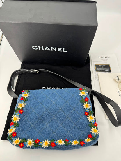Limited edition Chanel 2015 Blue Fabric Paris-Salzburg Crest Austrian Embroidered Messenger Bag
