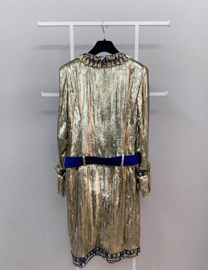 Chanel 19A Embroidered Velvet Light Gold Belt Dress