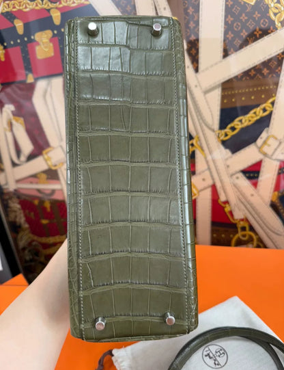 Hermès Kelly 32 olive green Alligator leather Palladium Hardware
