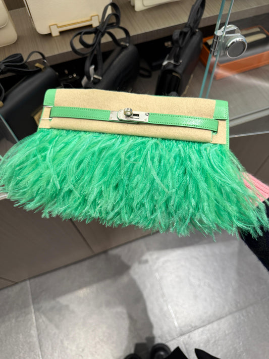 Hermès Kelly Elan Foile Vert Comics Chevre and Ostrich Feather Palladium Hardware