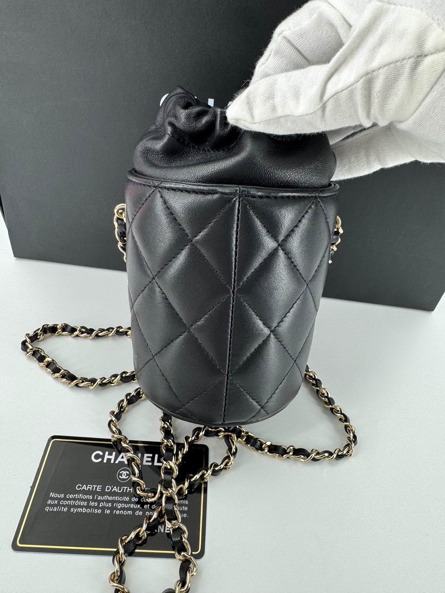 Chanel Black leather mini bucket bag silver hardware
