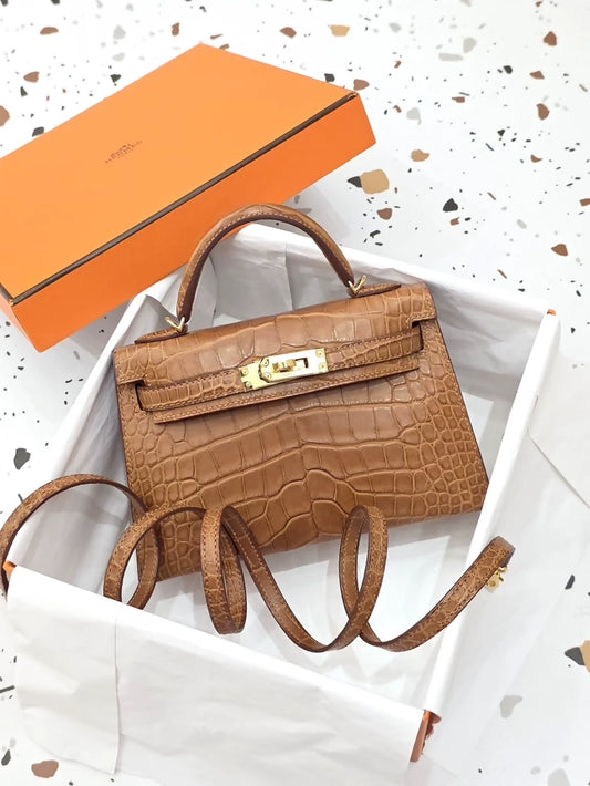 Hermes Mini Kelly 20 Brown Gold matte alligator gold hardware
