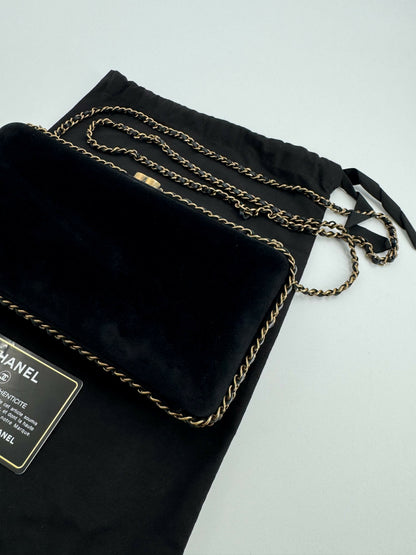 Chanel 2015 Velvet Imitation Pearl & Gold Embroidery Chain Evening Clutch Bag