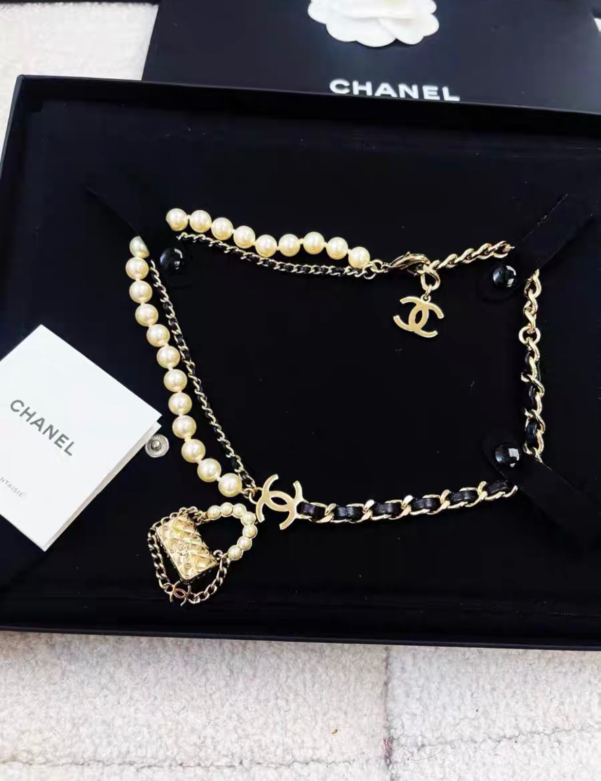 Chanel CC Pearl Leather Bag Pendant Necklace