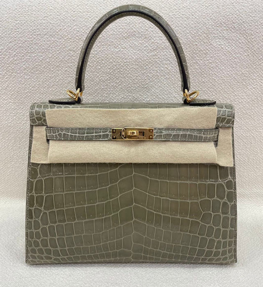 Hermes Kelly 25 Gris T shiny niloticus gold hardware