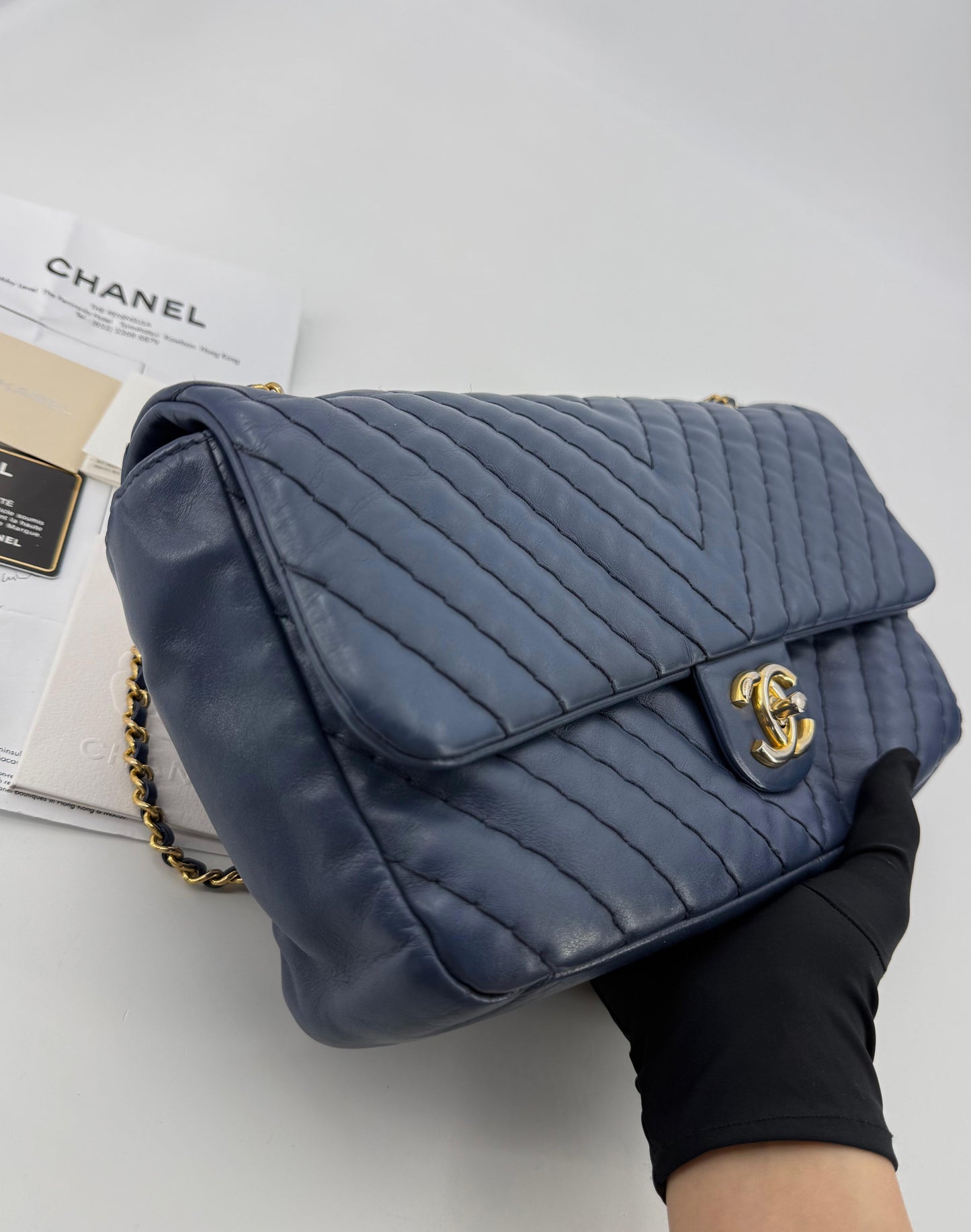 Chanel blue leather flap bag gold hardware