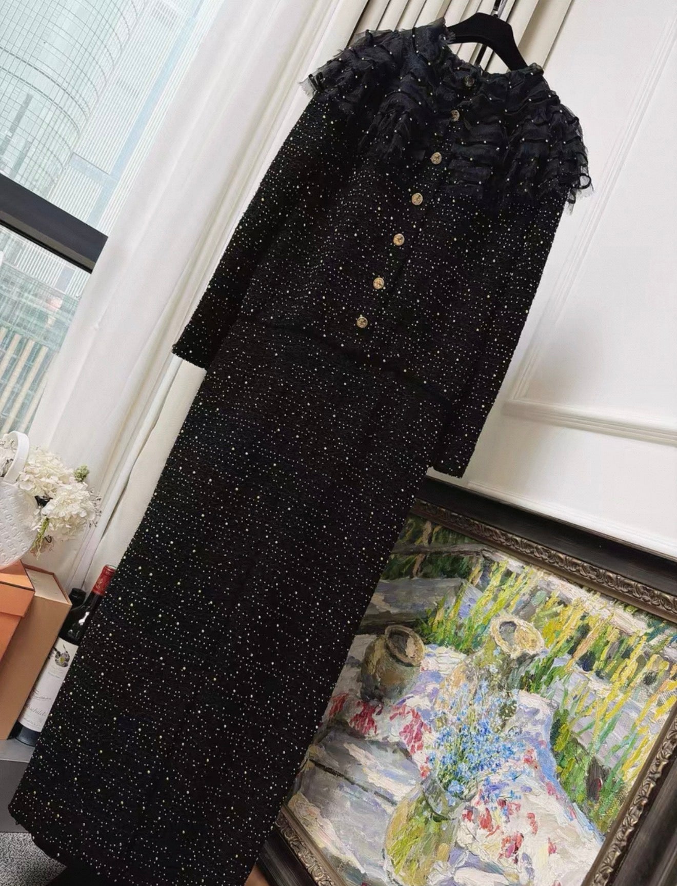 Chanel 21A black tweed mesh pearl sequinned long dress