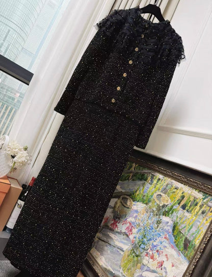 Chanel 21A black tweed mesh pearl sequinned long dress